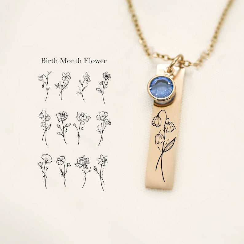 Unique Birth Flower and Birthstone Necklace ¨C Personalized Birthday Gift for Mom, Floral and Stone Jewelry, Mothers Day Gift for Her