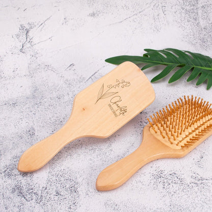 Personalized Wooden Brush | Birth Month Flower Hair Brush | Custom Wood Paddle Brush | Bridal Party Gift | Mother's Day Gift
