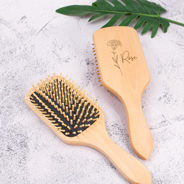 Personalized Wooden Brush | Birth Month Flower Hair Brush | Custom Wood Paddle Brush | Bridal Party Gift | Mother's Day Gift