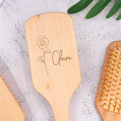 Personalized Wooden Brush | Birth Month Flower Hair Brush | Custom Wood Paddle Brush | Bridal Party Gift | Mother's Day Gift