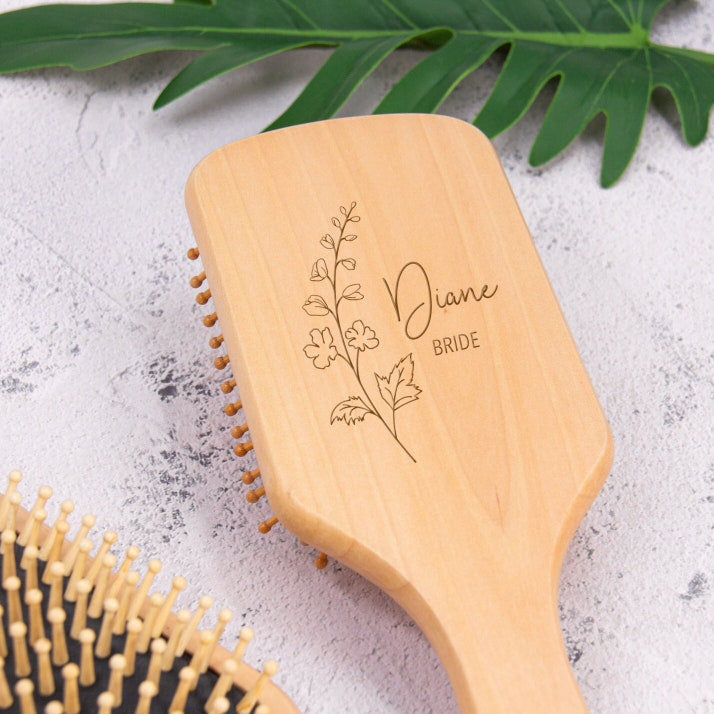 Personalized Wooden Brush | Birth Month Flower Hair Brush | Custom Wood Paddle Brush | Bridal Party Gift | Mother's Day Gift