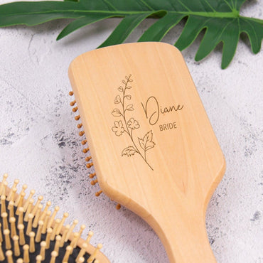 Personalized Wooden Brush | Birth Month Flower Hair Brush | Custom Wood Paddle Brush | Bridal Party Gift | Mother's Day Gift