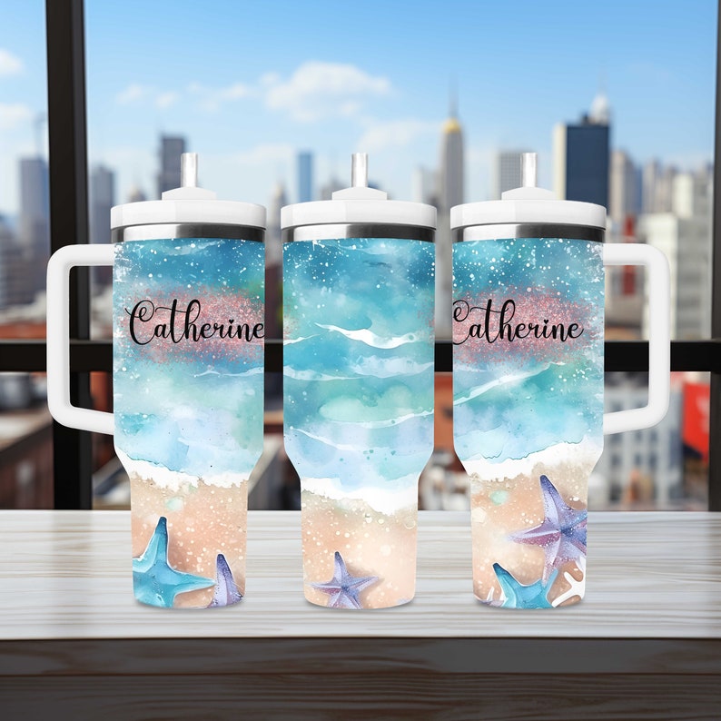 Personalized 40oz Tumbler With Handle Lid and Straw, Custom Beach Vacation Tumbler, bridesmaid tumbler, Gift for Best Friend, Gifts for Her