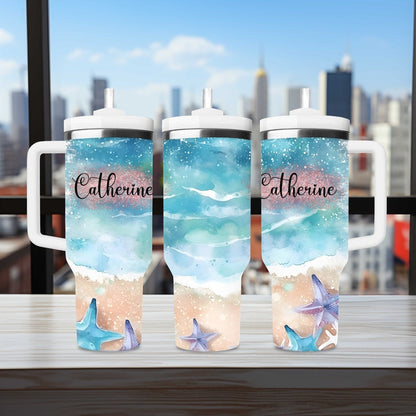Personalized 40oz Tumbler With Handle Lid and Straw, Custom Beach Vacation Tumbler, bridesmaid tumbler, Gift for Best Friend, Gifts for Her
