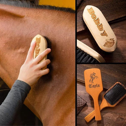 Engraved Name Horse Brush Set in Grass Tree Wood, Customized Pony Grooming Comb Brush with Custom Image + Name, Gift for Horse Owner/Rider