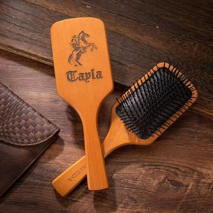 Engraved Name Horse Brush Set in Grass Tree Wood, Customized Pony Grooming Comb Brush with Custom Image + Name, Gift for Horse Owner/Rider
