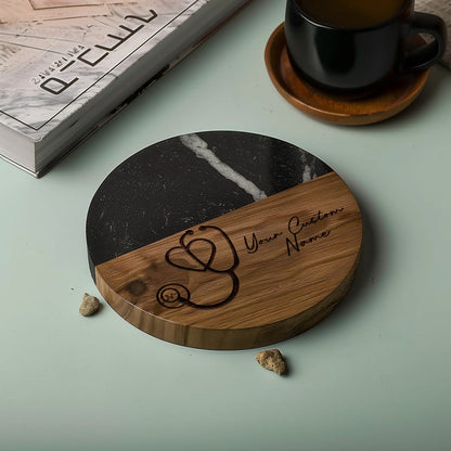 Marble & Acacia Wood Stethoscope Coaster, Medical Office Decor, Heart Design, Doctor Gift, Nurse Accessory