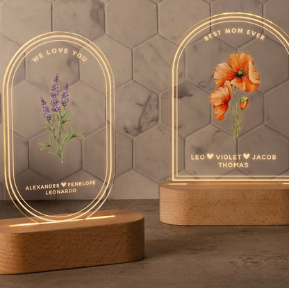 Personalized Birth Month Flower Gifts for Mom, Acrylic Night Light, Boho LED Light, Custom Mom Night Light, Grandma Gift from Kids