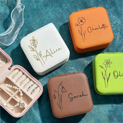 Engraved Birth Flower jewellery Box, Personalized Name Travel Jewelry Box, Bridal Party Gifts, Bridesmaid Gifts, Christmas Jewelry box case