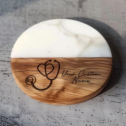 Marble & Acacia Wood Stethoscope Coaster, Medical Office Decor, Heart Design, Doctor Gift, Nurse Accessory