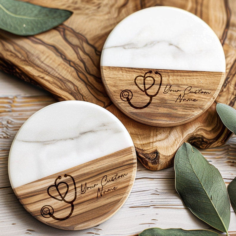 Marble & Acacia Wood Stethoscope Coaster, Medical Office Decor, Heart Design, Doctor Gift, Nurse Accessory