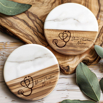 Marble & Acacia Wood Stethoscope Coaster, Medical Office Decor, Heart Design, Doctor Gift, Nurse Accessory