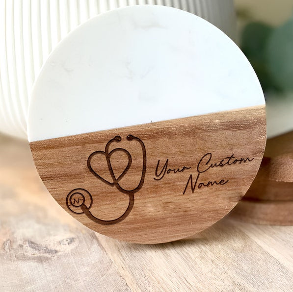 Marble & Acacia Wood Stethoscope Coaster, Medical Office Decor, Heart Design, Doctor Gift, Nurse Accessory