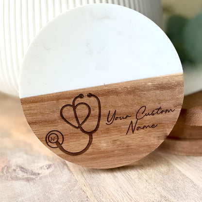 Marble & Acacia Wood Stethoscope Coaster, Medical Office Decor, Heart Design, Doctor Gift, Nurse Accessory