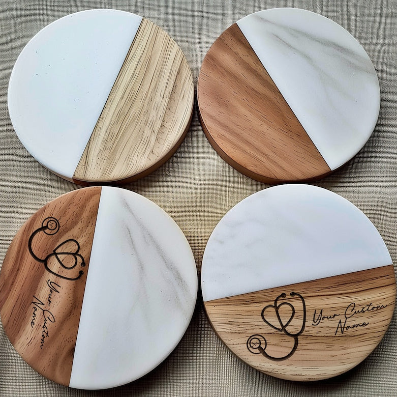 Marble & Acacia Wood Stethoscope Coaster, Medical Office Decor, Heart Design, Doctor Gift, Nurse Accessory