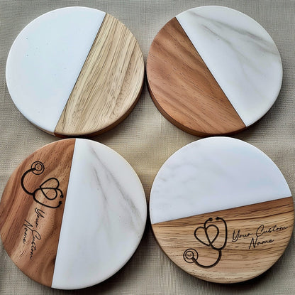 Marble & Acacia Wood Stethoscope Coaster, Medical Office Decor, Heart Design, Doctor Gift, Nurse Accessory