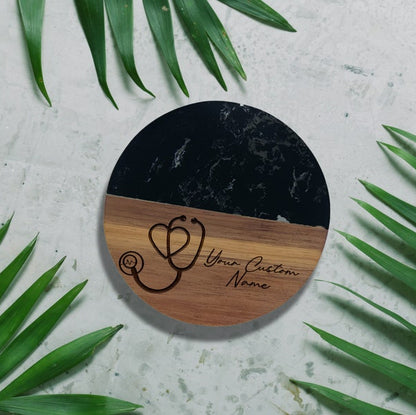 Marble & Acacia Wood Stethoscope Coaster, Medical Office Decor, Heart Design, Doctor Gift, Nurse Accessory