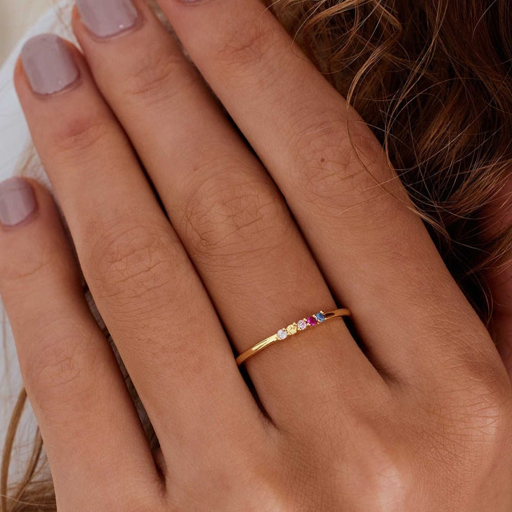 Personalised Dainty Birthstone Ring, Family Birthstone Ring, 18k Gold Daily Ring, Anniversary Gift, Gift for Mom, Mothers DayGift for Her