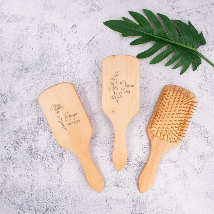 Personalized Wooden Brush | Birth Month Flower Hair Brush | Custom Wood Paddle Brush | Bridal Party Gift | Mother's Day Gift