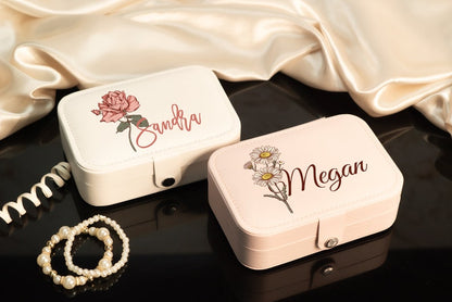 Floral Jewelry Case, Personalized Birth Flower Jewelry Box, Birthday Gifts, Gift for Her, Travel Jewelry Organizer, Birth Month Jewelry Box