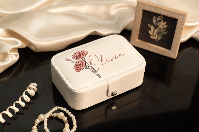 Floral Jewelry Case, Personalized Birth Flower Jewelry Box, Birthday Gifts, Gift for Her, Travel Jewelry Organizer, Birth Month Jewelry Box