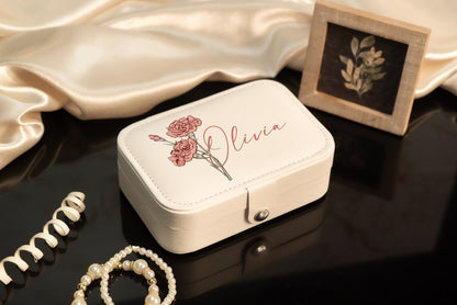 Floral Jewelry Case, Personalized Birth Flower Jewelry Box, Birthday Gifts, Gift for Her, Travel Jewelry Organizer, Birth Month Jewelry Box