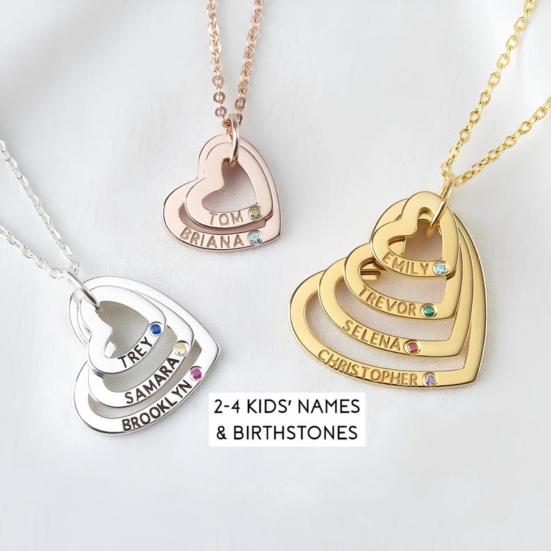 Custom Mom Necklace - Pendant with Children¡¯s Names and Birthstones, Personalized Heart Necklace, Family Jewelry, Mother Necklace with Names