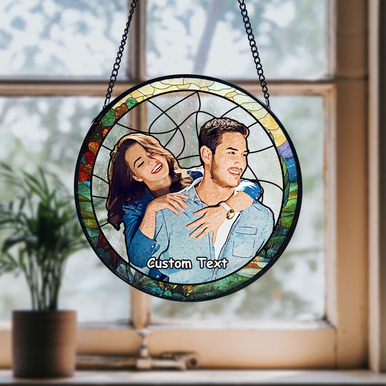 Custom Stained Glass Couples Portrait Suncatcher, Wedding Anniversary Gift