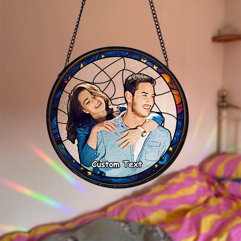 Custom Stained Glass Couples Portrait Suncatcher, Wedding Anniversary Gift