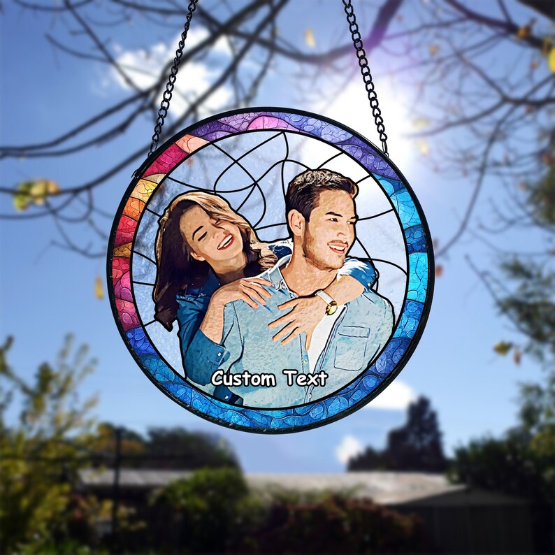 Custom Stained Glass Couples Portrait Suncatcher, Wedding Anniversary Gift