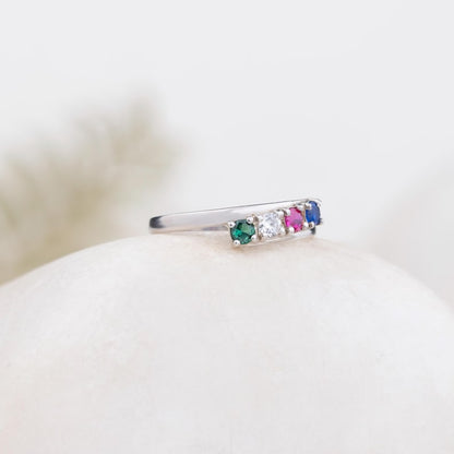 1-4 Birthstone Order Family Ring, Mother Ring Gift, 925K Silver Dainty Ring, Personalized Gift for Her, Christmas Gift, Curved Style Ring