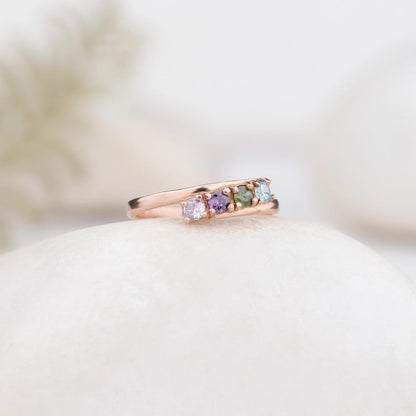 1-4 Birthstone Order Family Ring, Mother Ring Gift, 925K Silver Dainty Ring, Personalized Gift for Her, Christmas Gift, Curved Style Ring