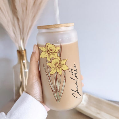 Personalized Birth Flower Tumbler, Gifts for Her, Bridesmaid Proposal Gift, Mother's Day Gift, Birthday Present, Custom Glass Coffee Cup