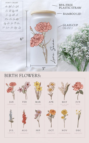 Personalized Birth Flower Tumbler, Gifts for Her, Bridesmaid Proposal Gift, Mother's Day Gift, Birthday Present, Custom Glass Coffee Cup