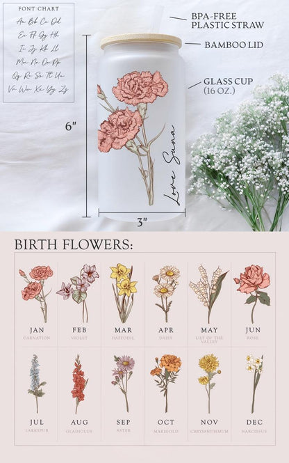 Personalized Birth Flower Tumbler, Gifts for Her, Bridesmaid Proposal Gift, Mother's Day Gift, Birthday Present, Custom Glass Coffee Cup