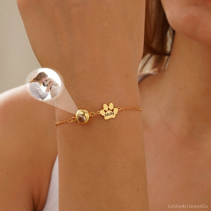 Pet Name Bracelet with Photo, Dog/Cat Picture Projection Bracelet for Mom, Personalized Pet Projection Bracelet for Women, Pet Lover Gift