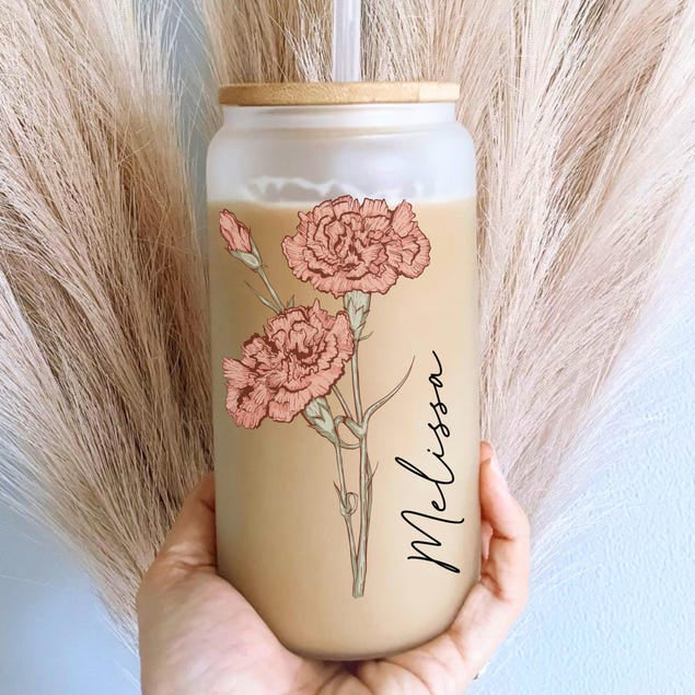 Personalized Birth Flower Tumbler, Gifts for Her, Bridesmaid Proposal Gift, Mother's Day Gift, Birthday Present, Custom Glass Coffee Cup