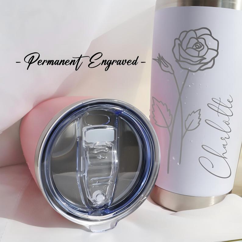 Personalized Birth Flower 20oz Tumbler, Laser Engraved Tumbler, Stainless Steel Mug, Insulated Tumbler, Birth Flower Tumbler