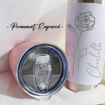 Personalized Birth Flower 20oz Tumbler, Laser Engraved Tumbler, Stainless Steel Mug, Insulated Tumbler, Birth Flower Tumbler