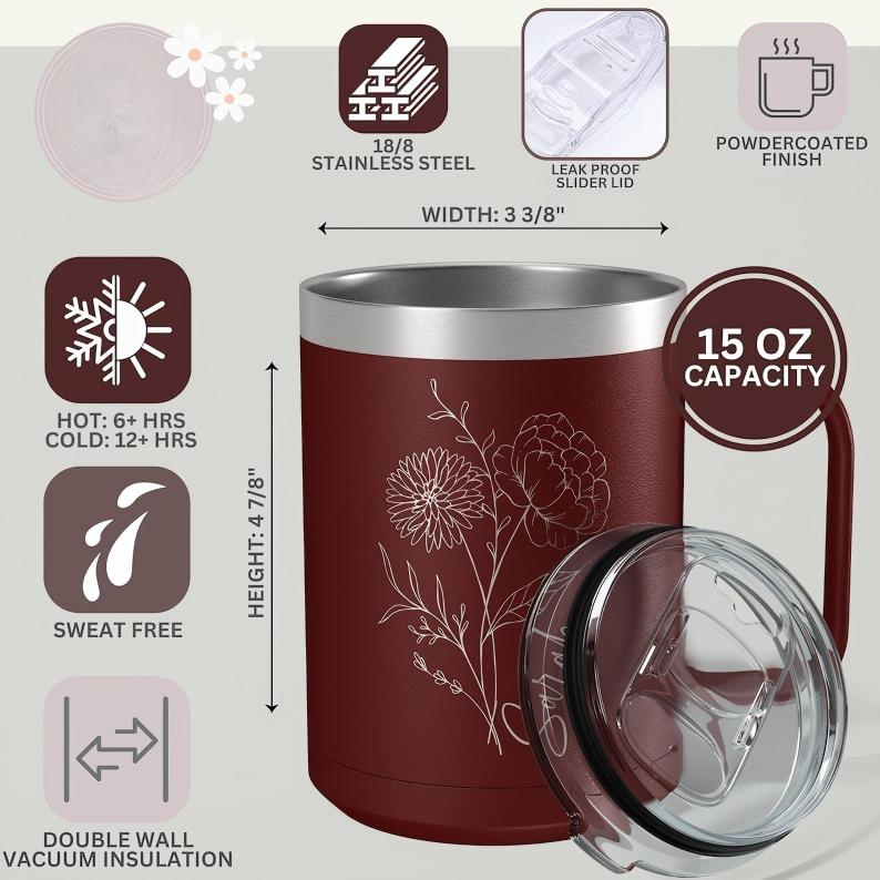 Personalized Birth Flower Insulated Coffee Tumbler with Handle for Sister, Best Friend, Bridesmaid, Personalized Coffee Mug, Travel Mug