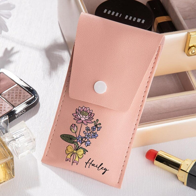 Personalized Birth Flower Bouquet Portable Leather Makeup Brush Bag with 8 Makeup Brushes Travel Essentials Birthday Gift for Women