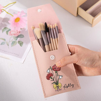 Personalized Birth Flower Bouquet Portable Leather Makeup Brush Bag with 8 Makeup Brushes Travel Essentials Birthday Gift for Women