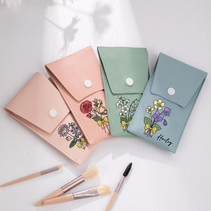 Personalized Birth Flower Bouquet Portable Leather Makeup Brush Bag with 8 Makeup Brushes Travel Essentials Birthday Gift for Women