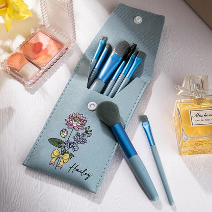 Personalized Birth Flower Bouquet Portable Leather Makeup Brush Bag with 8 Makeup Brushes Travel Essentials Birthday Gift for Women
