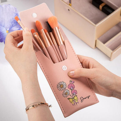 Personalized Birth Flower Bouquet Portable Leather Makeup Brush Bag with 8 Makeup Brushes Travel Essentials Birthday Gift for Women