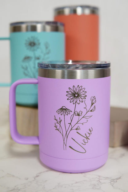 Personalized Birth Flower Insulated Coffee Tumbler with Handle for Sister, Best Friend, Bridesmaid, Personalized Coffee Mug, Travel Mug