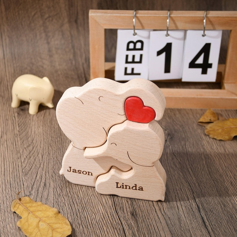 Wooden Elephant Family Puzzle, Animal Family Decor, New Mom Gift, Wedding Anniversary Gifts, Family Name Keepsake, Mother's Day Gift for Mom