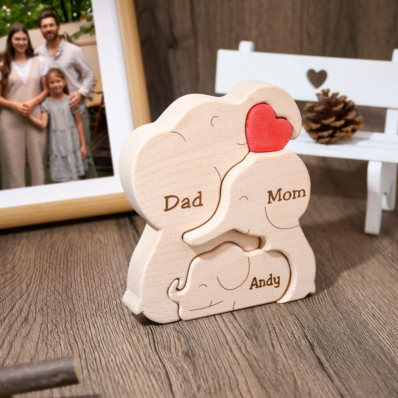 Wooden Elephant Family Puzzle, Animal Family Decor, New Mom Gift, Wedding Anniversary Gifts, Family Name Keepsake, Mother's Day Gift for Mom