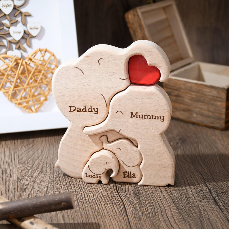 Wooden Elephant Family Puzzle, Animal Family Decor, New Mom Gift, Wedding Anniversary Gifts, Family Name Keepsake, Mother's Day Gift for Mom
