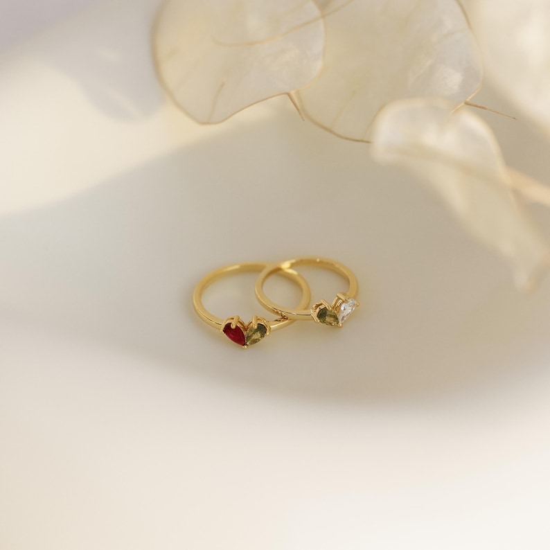 Heart shaped birthstone ring, personalized double birthstone jewelry, birthday surprise, mothers day gift, symbol of friendship and love